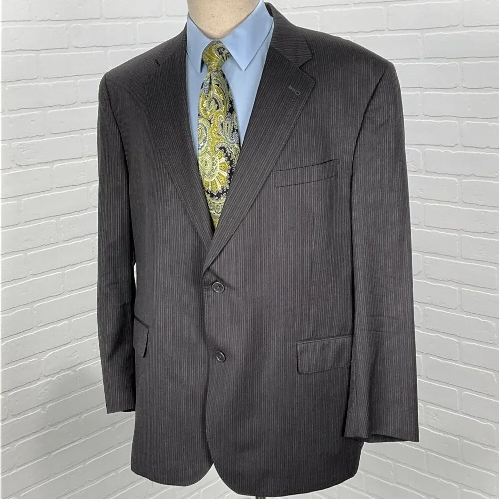 Jos A Bank Blazer Men 46R Charcoal Gray White Pinstripe‎ Signature Gold Jacket