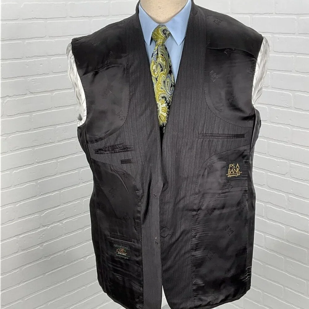 Jos A Bank Blazer Men 46R Charcoal Gray White Pinstripe‎ Signature Gold Jacket