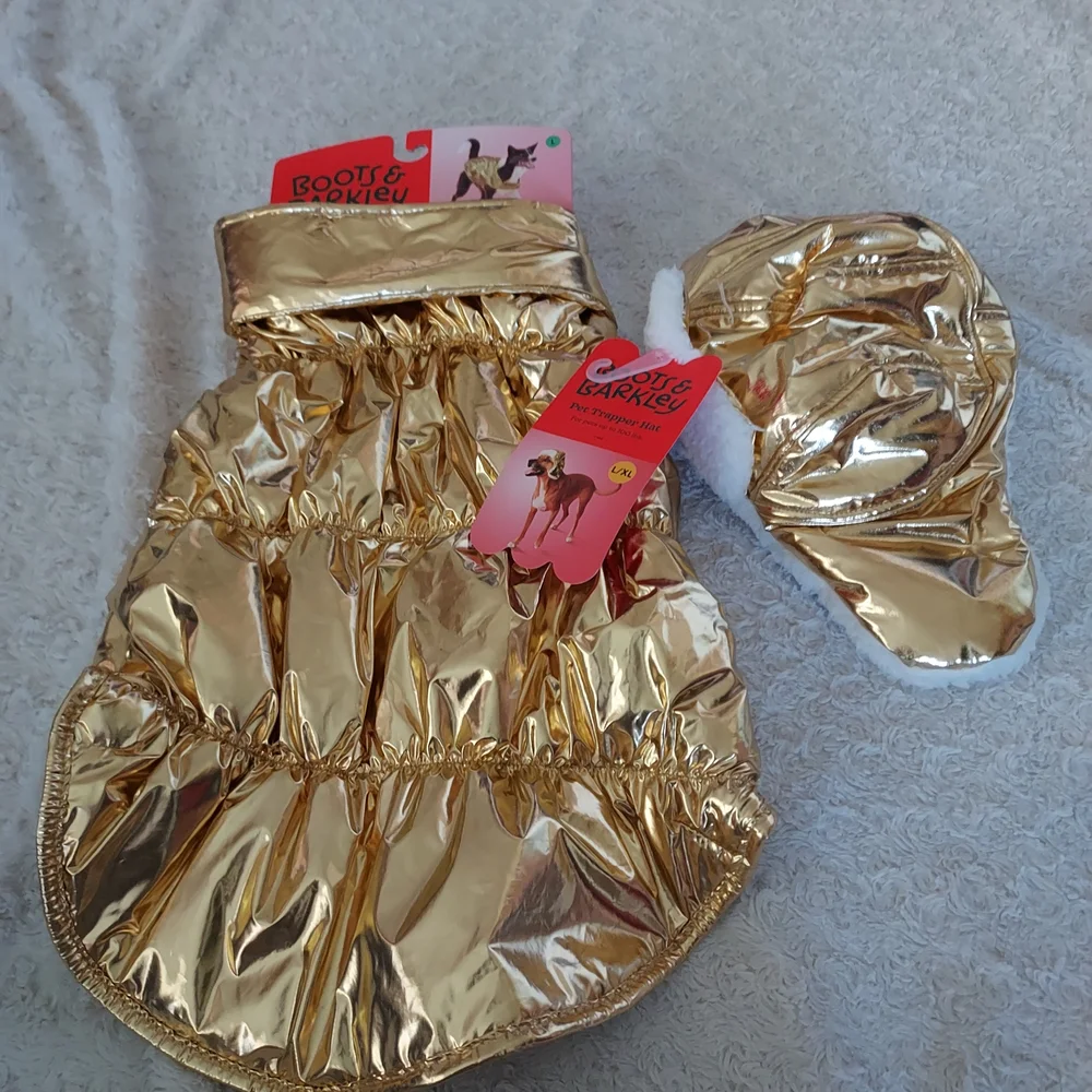 Boots & Barkley Large Chic Gold Dog Puffer Jacket Vest and Hat Outfit Winter