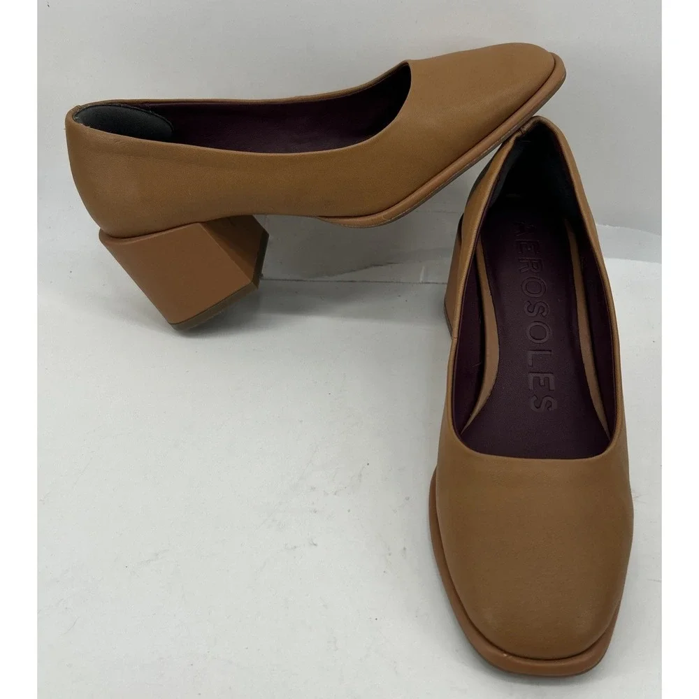 Aerosoles Alae Block Heel Pumps Beige Leather Women's Size 5M‎