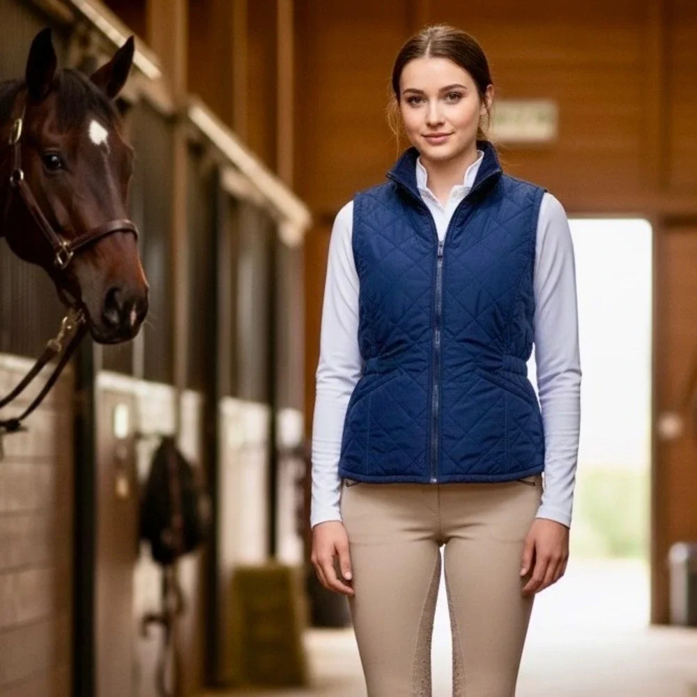 Bit & Bridle Quilted Vest Women Small Navy Blue Full Zipper Pockets Horse Riding