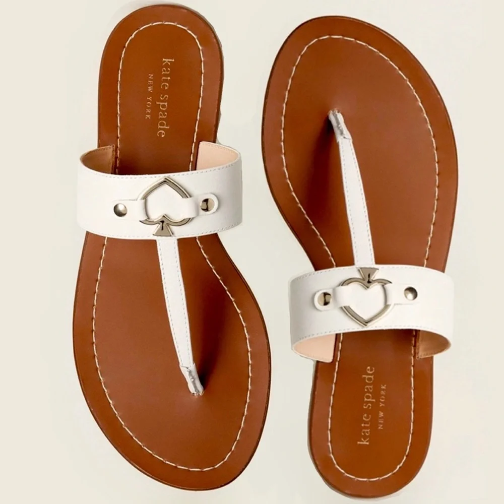kate spade White and Brown Leather T-Strap Sandals