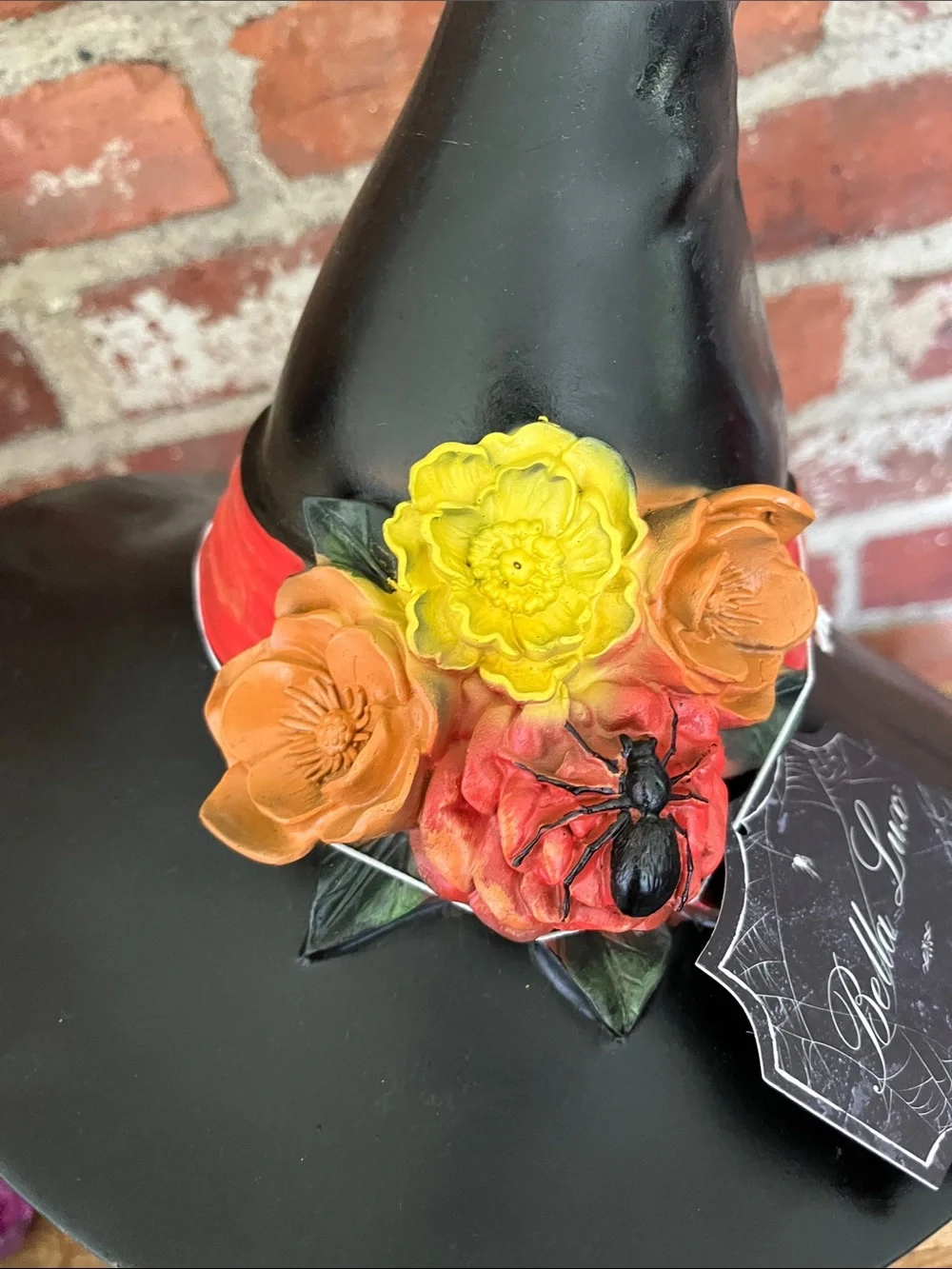 Bella Luxx Black Witch Hat with Yellow, Orange and Red Floral Accent