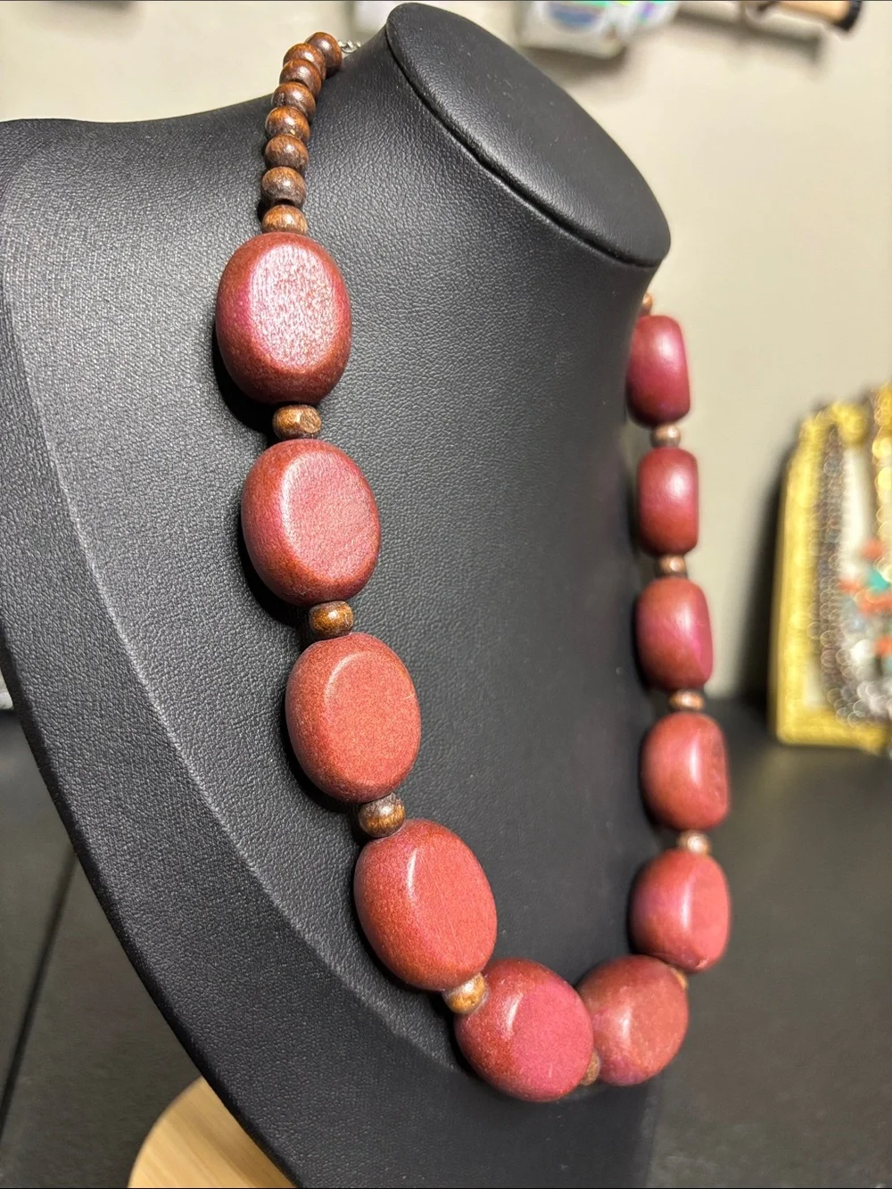 Handcrafted Boho Maroon Brown Chunky Wooden Bead Necklace
