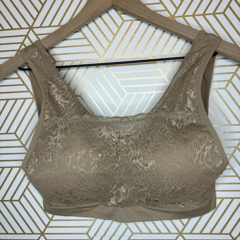 Breezies Soft Support Lace Bra Taupe Large Cami A378013 Wirefree Bralette Lace
