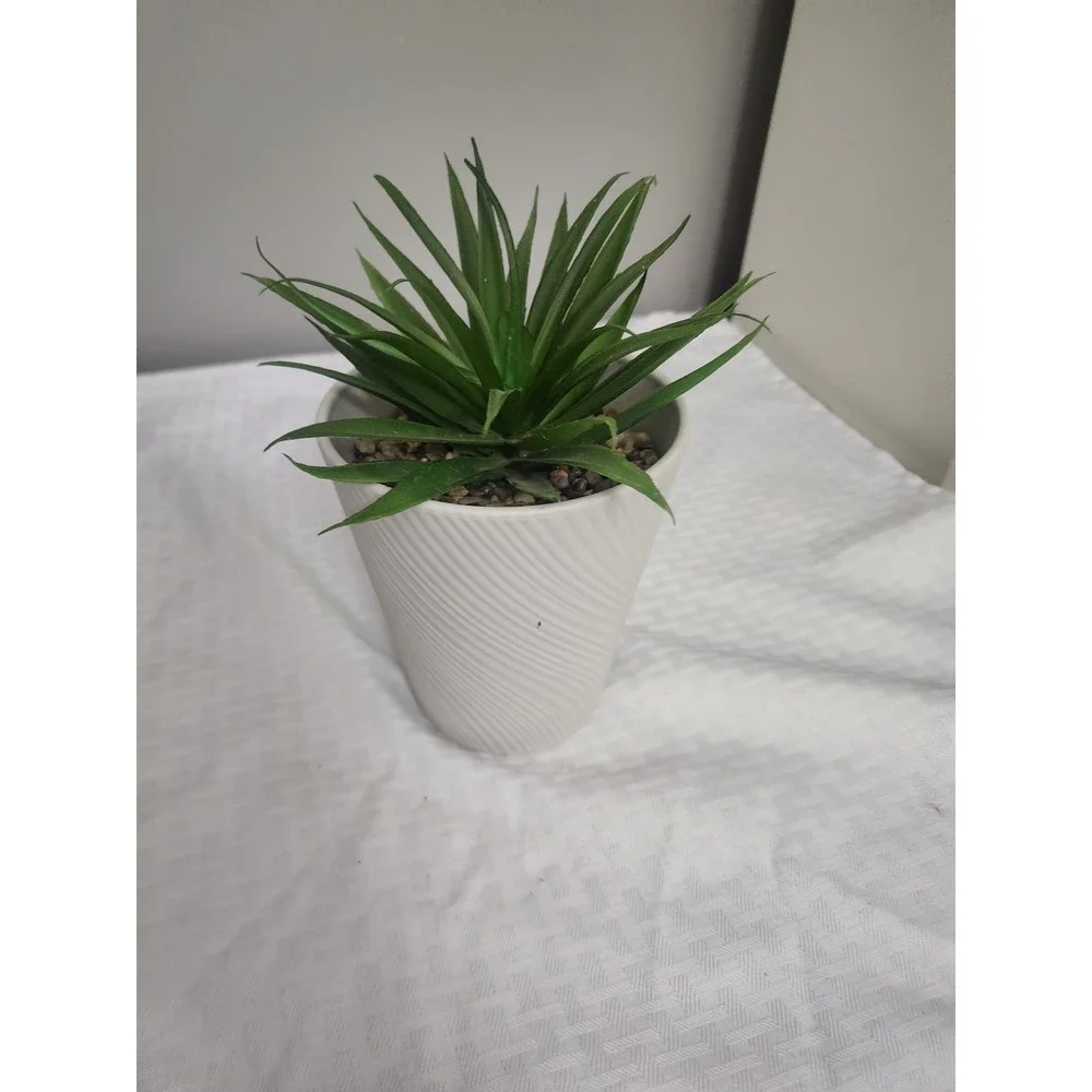 Faux Succulent in White Spiral Textured Ceramic Pot Artificial Green Plant Decor