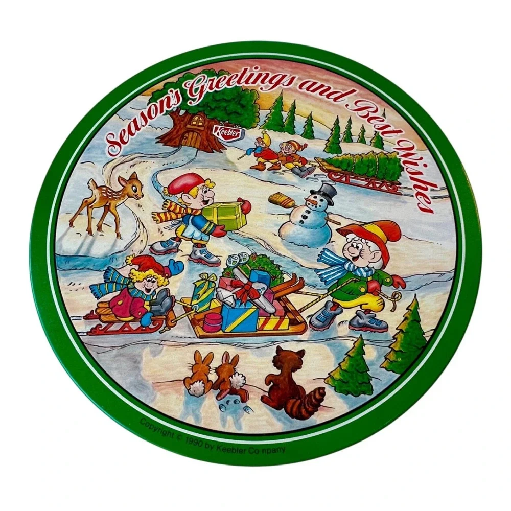 Vintage 1990 Keebler Elves Christmas Cookie Tin Winter Scene Holiday Collectible