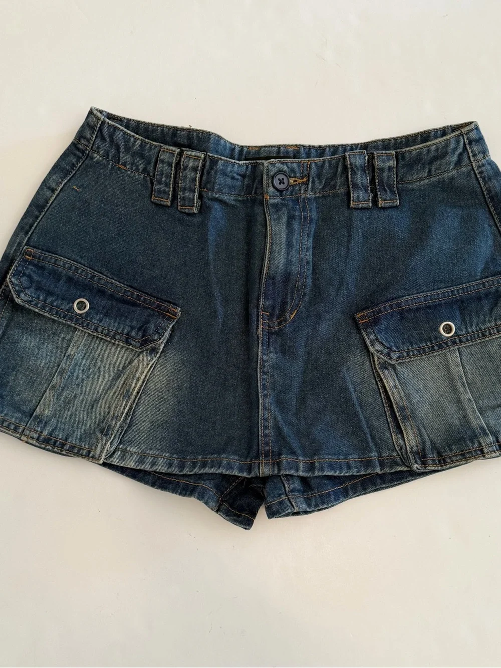 Fashion Nova Vintage Inspired Tinted Blue Denim Cargo Mini Skort