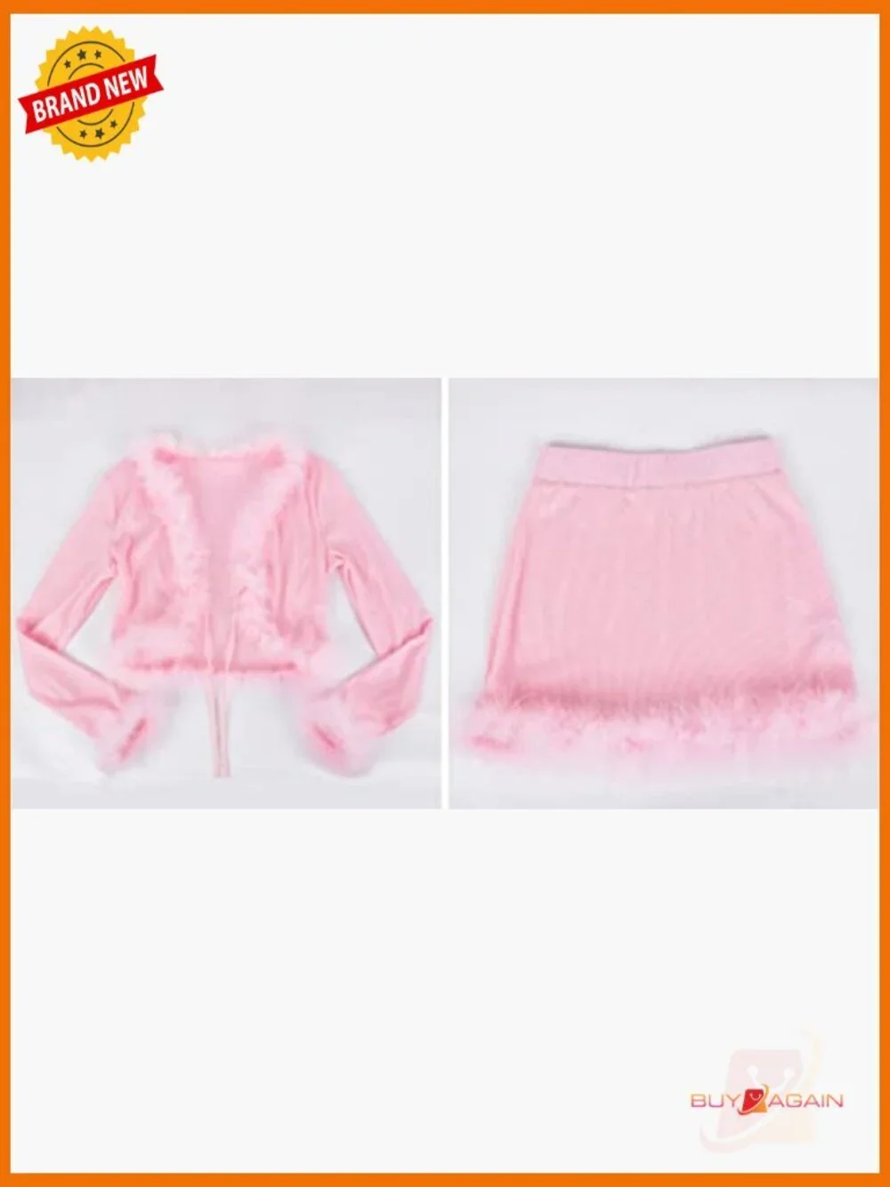 Sexy 2 Piece Outfit Rave Tie-up Feather Trim Fur Long Sleeve Cardigan Set