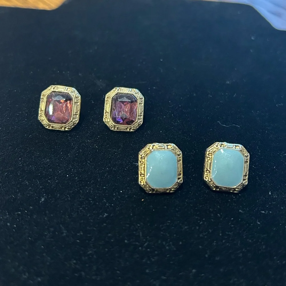 Two Pairs Vintage Art Deco Style Faceted Gold Rectangle Stone Pierced‎ Earrings