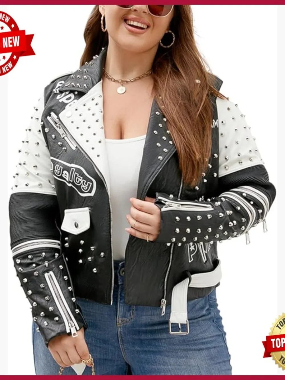 Plus Size Faux Leather Motorcycle Jacket Short PU Coat Long Sleeve