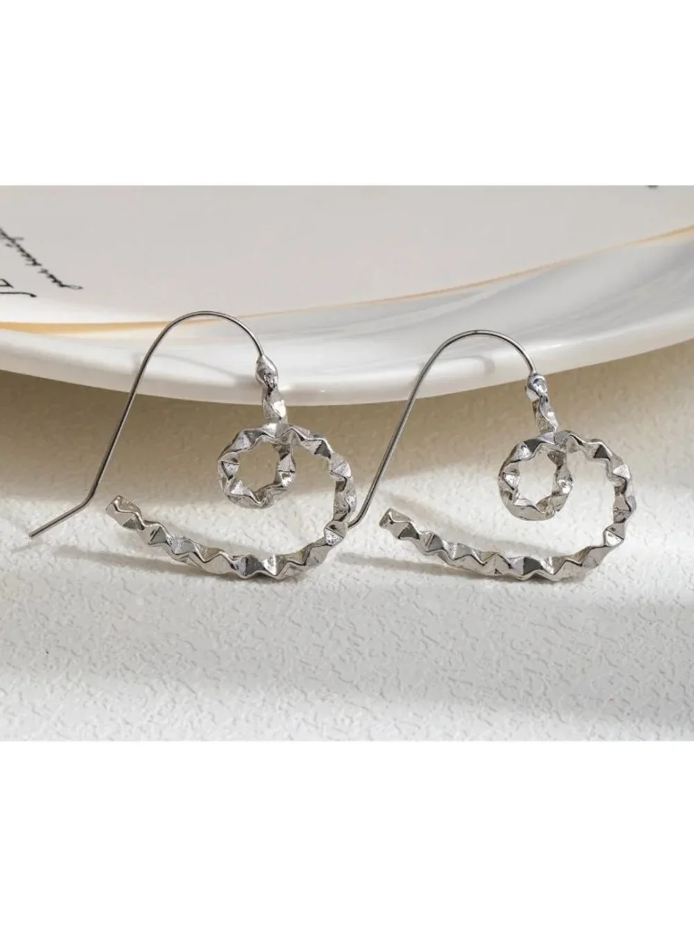 Geometric Spiral Silver Hook Earrings Textured Design