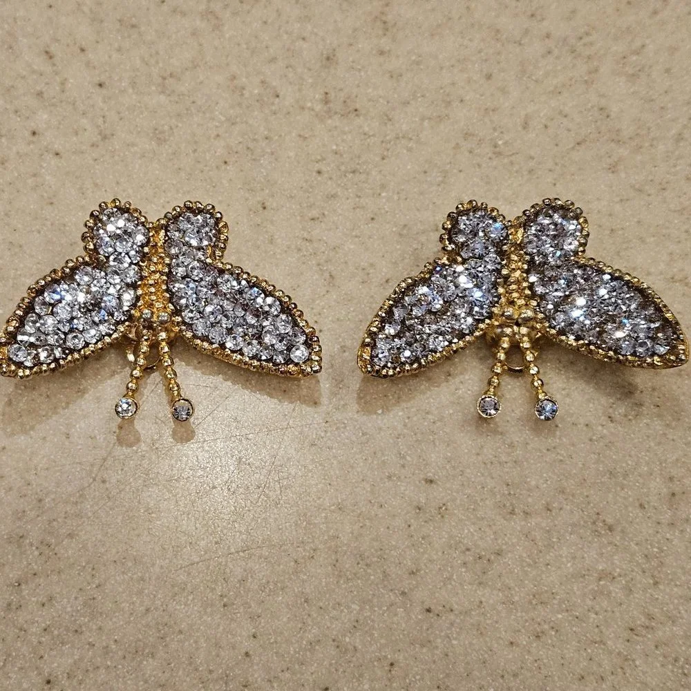 RARE HAUTE COUTURE DESIGNER SIMAN TU BUTTERFLY CRYSTAL GOLD STATEMENT EARRINGS