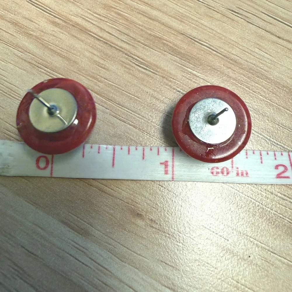 Red Marbled Stud Earrings Round Domed‎ Swirl Resin Post Back Bold Retro Style