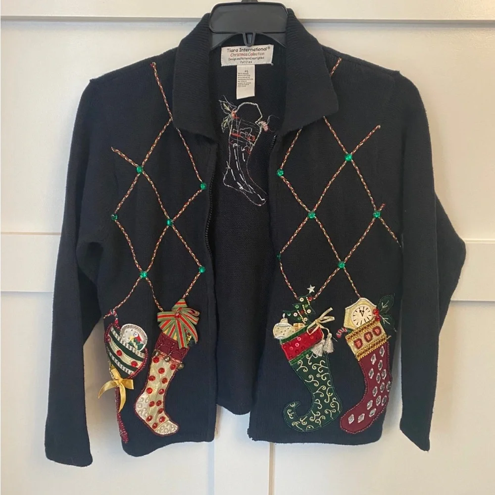 Sz PS Ugly Beautiful Christmas Cardigan Sweater‎ Embroidery Beaded