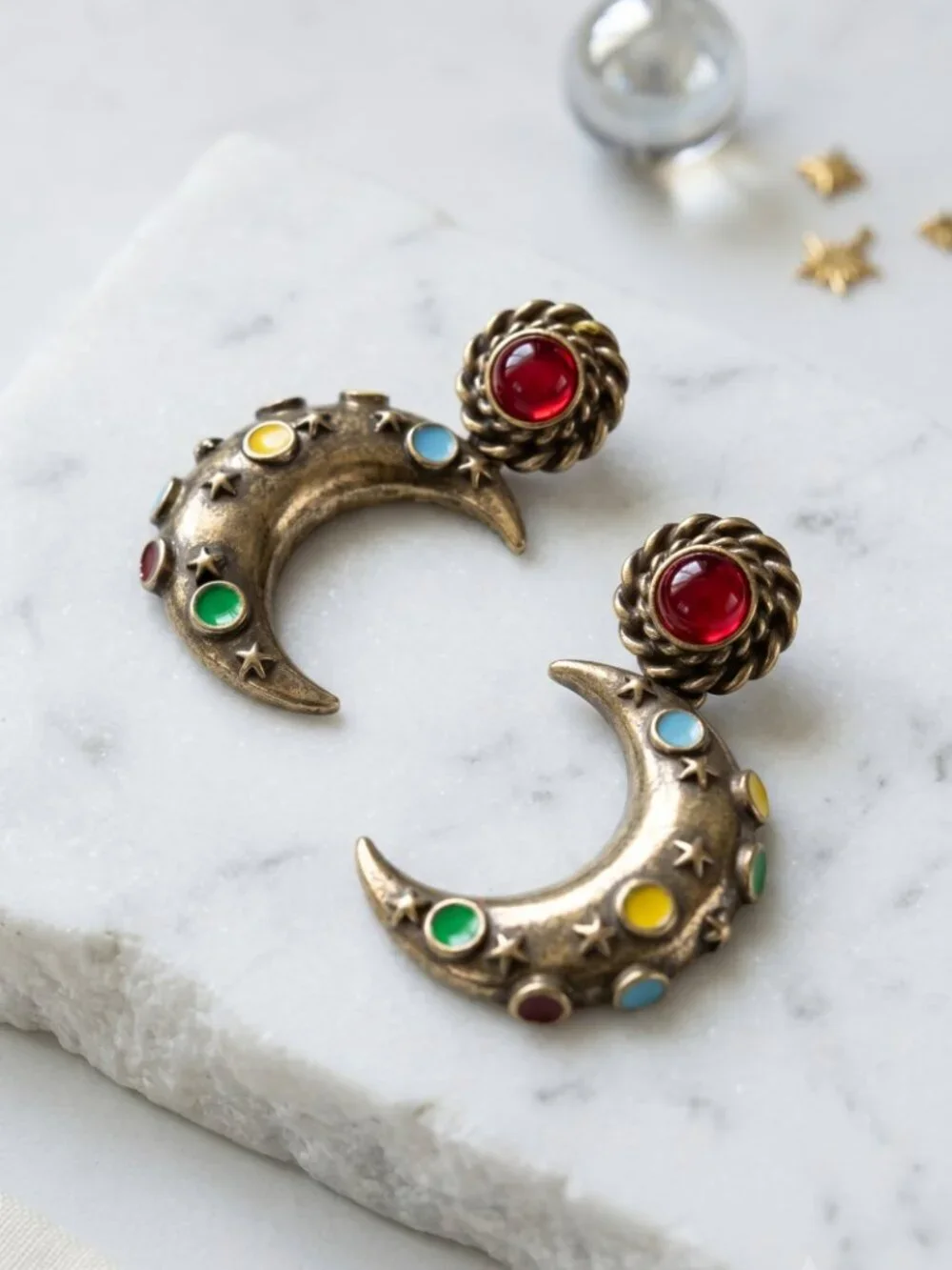 Antique Gold Crescent Moon Drop Earrings Celestial Star Multicolor Whimsigoth