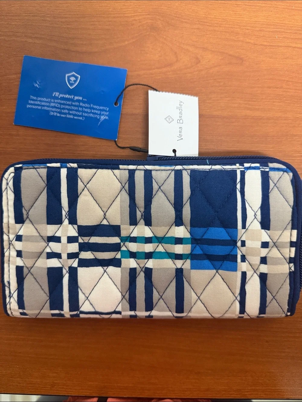 Vera Bradley Quilted Zip-Around Wallet in Navy, Tan and Turquoise Plaid