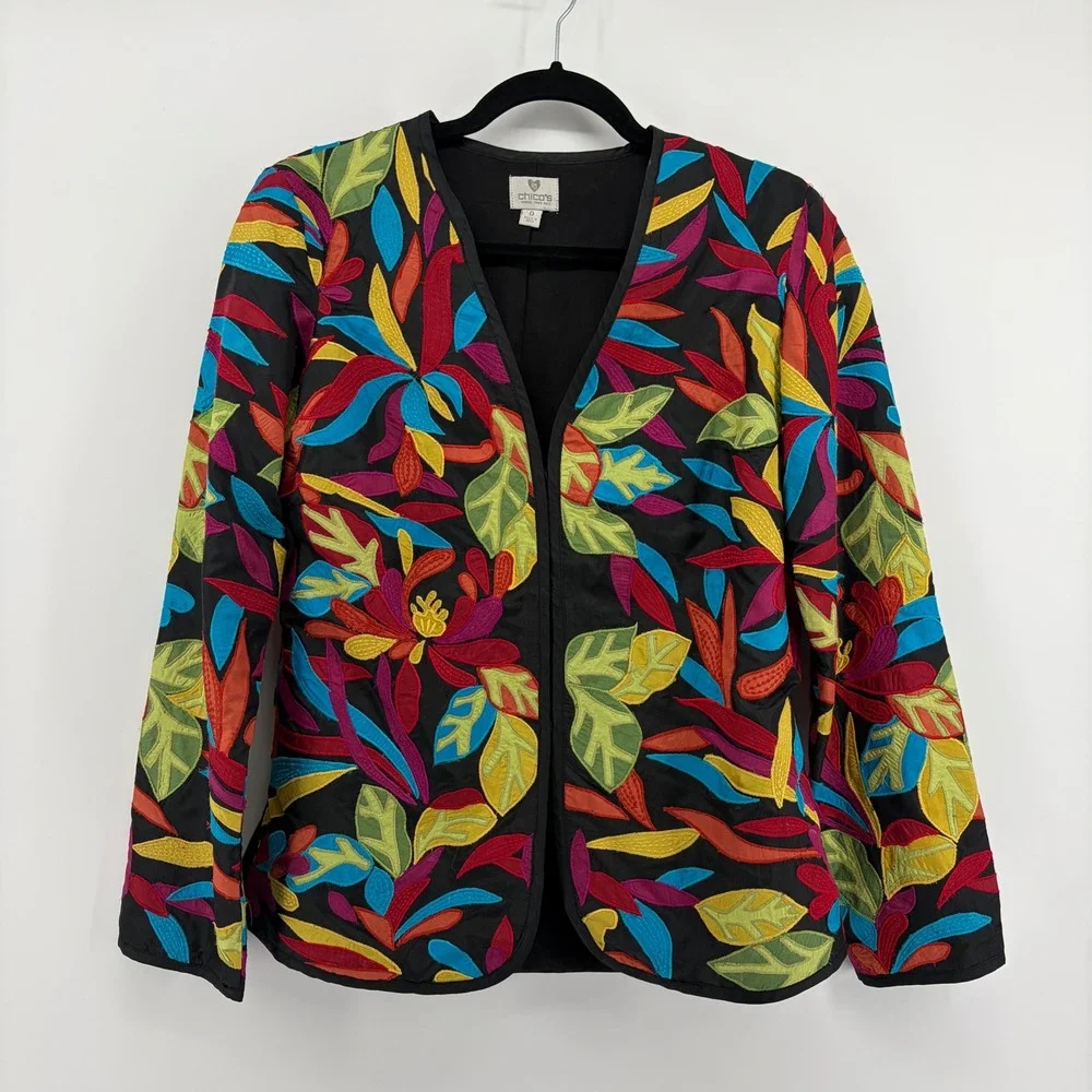 Chicos Silk Embroidered Floral Applique Jacket Black Multicolor SZ 0 /‎ US Small
