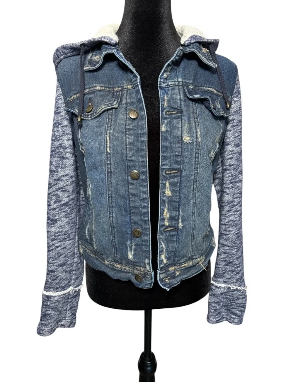 Free People Distressed Denim Jean Jacket W/ Knit Sleeves & Hood
