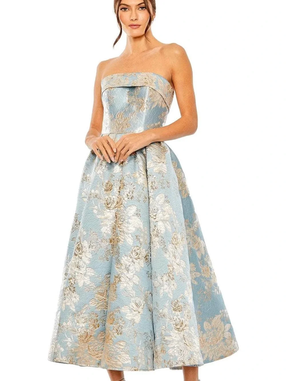 Mac Duggal Pale Blue and Gold Strapless Floral Brocade Midi Dress