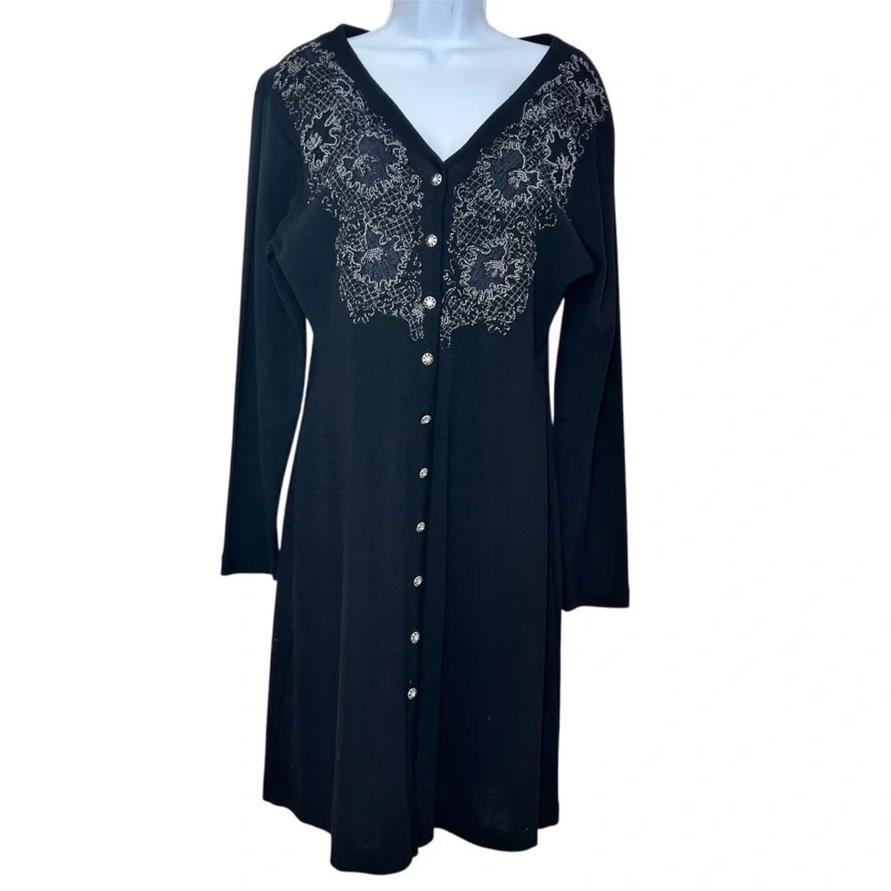 Carole Little Vintage Knit Sweater Dress Size L Beaded Embroidered Whimsigoth