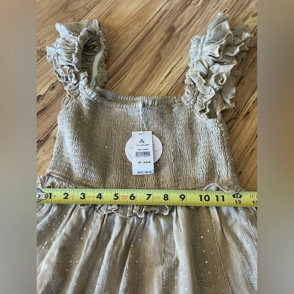 PQ Carrie dress sequence Ruffled Tan Smocked Dress NWT size XS/S anthropology