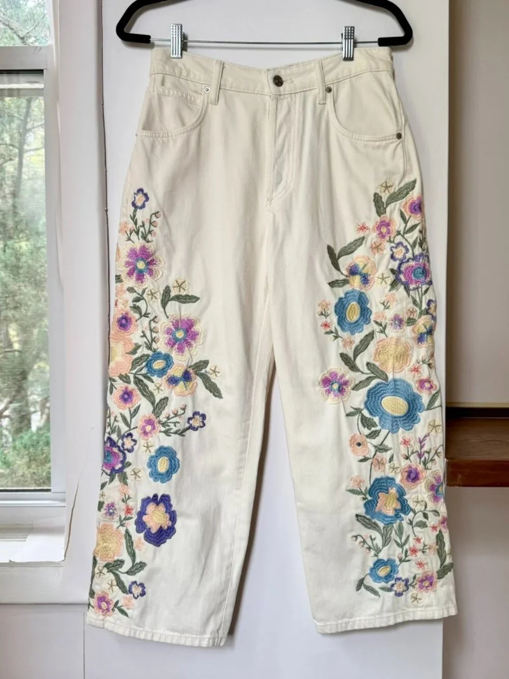 Free People We The Free Willow Floral Embroidery Jeans Cream 27