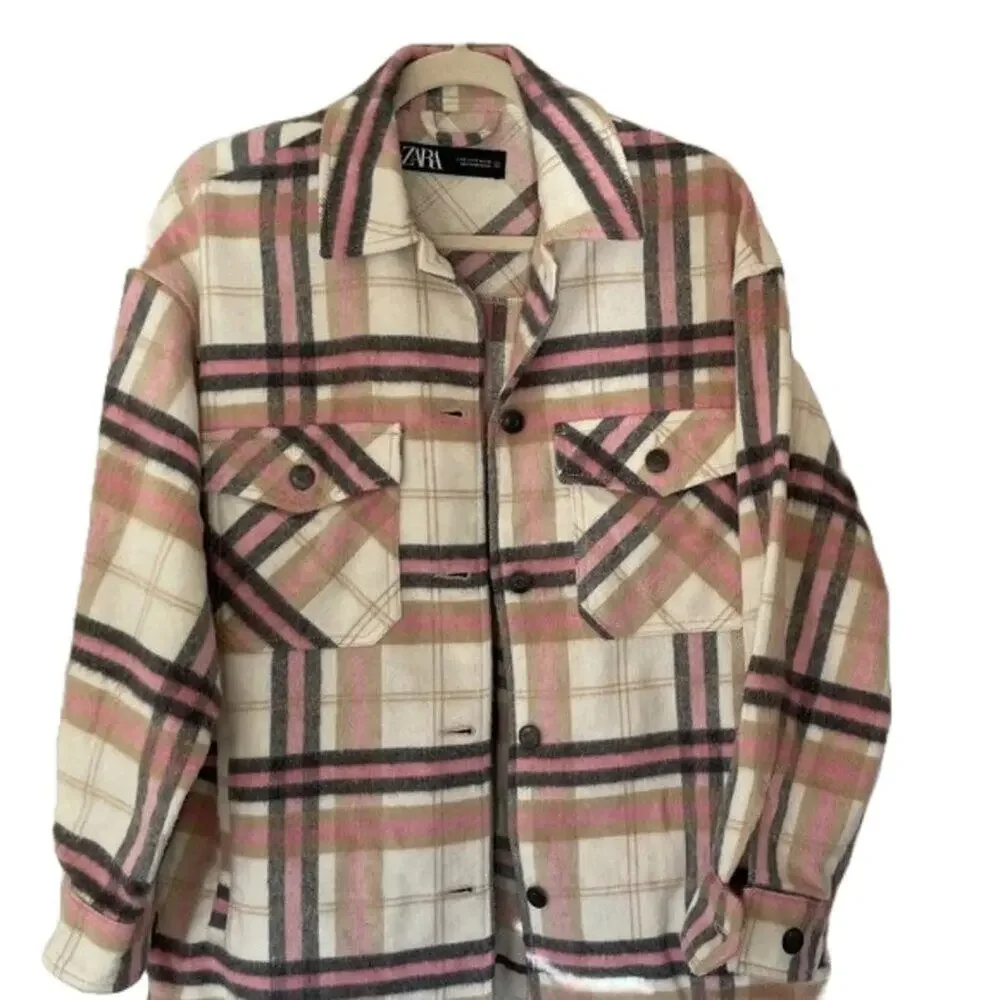 Zara Pink, Beige Plaid Check Overshirt Jacket / Shacket, Oversized 90s Grunge, S