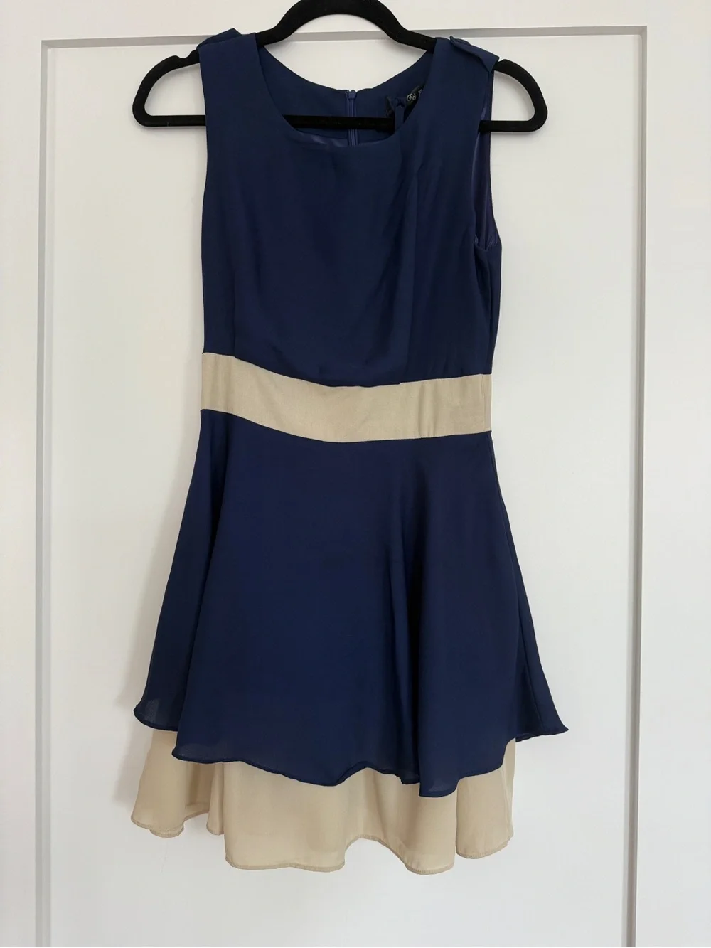 Navy Blue Fit & Flare Dress with Beige Waistband & Belt | Size Small