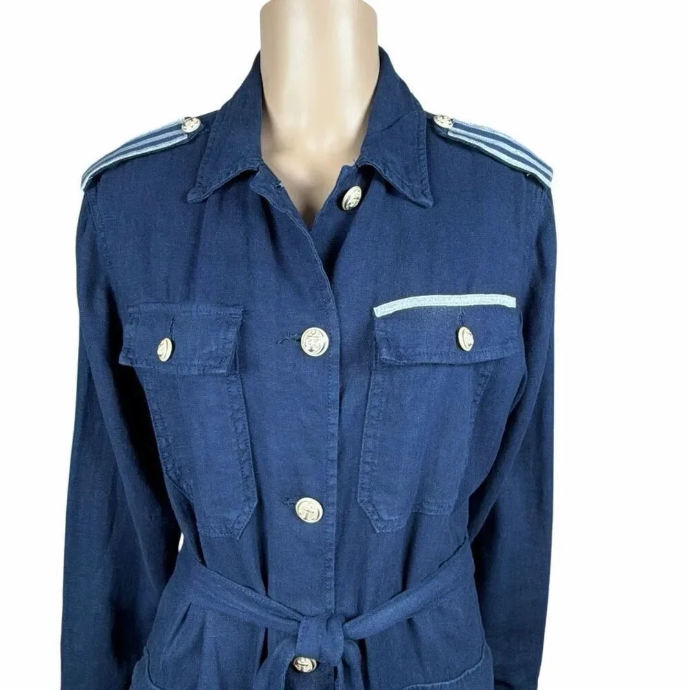 NWT L’AGENCE Kingsley Linen Shirt Dress Coat Navy Military Button Front Belted S
