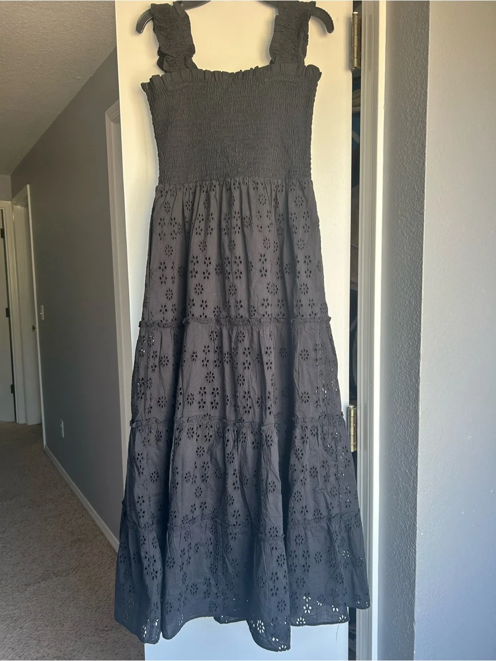 Quince Black Eyelet Smocked Midi Dress