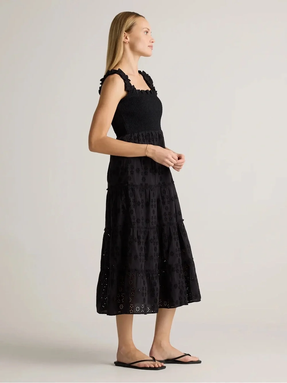 Quince Black Eyelet Smocked Midi Dress