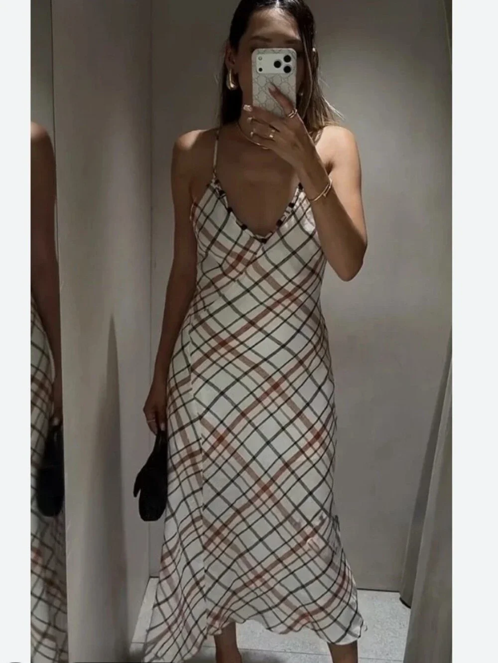 Zara 100% Linen Plaid Slip Strappy Casual Coastal  Maxi Dress with Beaded V-Neck