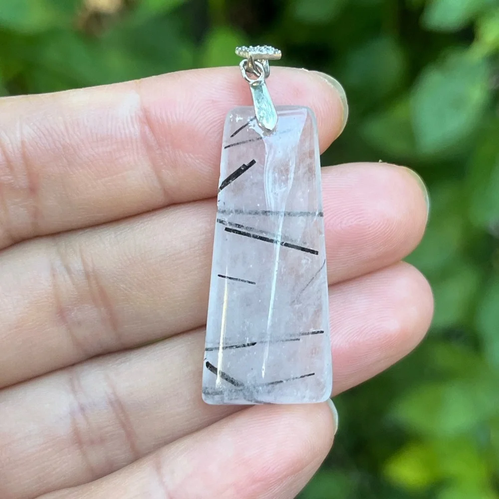 Sterling silver 925 stamped natural black rutilated‎ quartz pendant 2029
