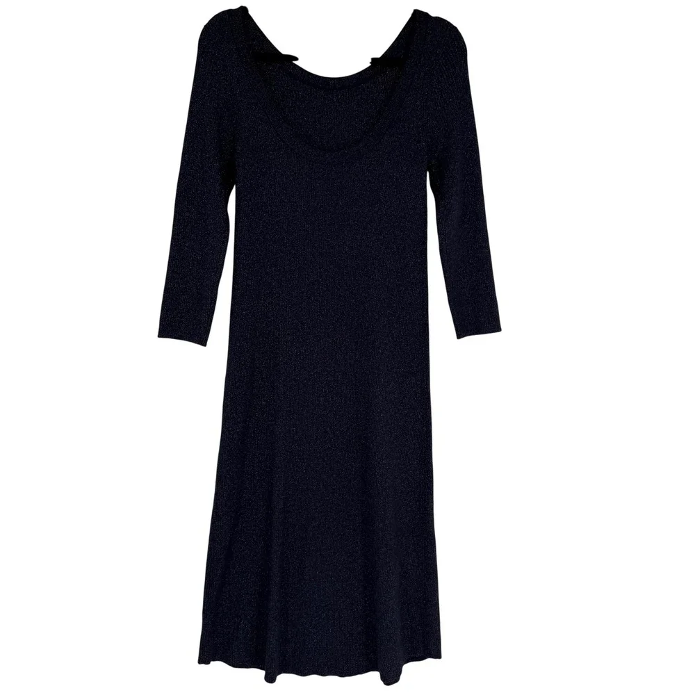 Anthropologie Navy Blue Metallic Ribbed Knit Scoop Neck Midi Dress Size Medium