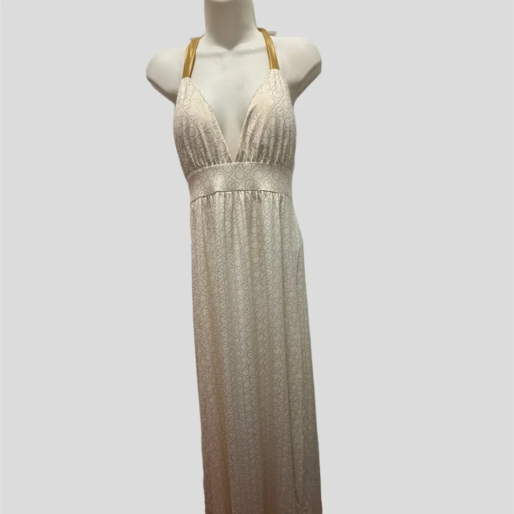 Coogi signature medium maxi halter dress white and gold