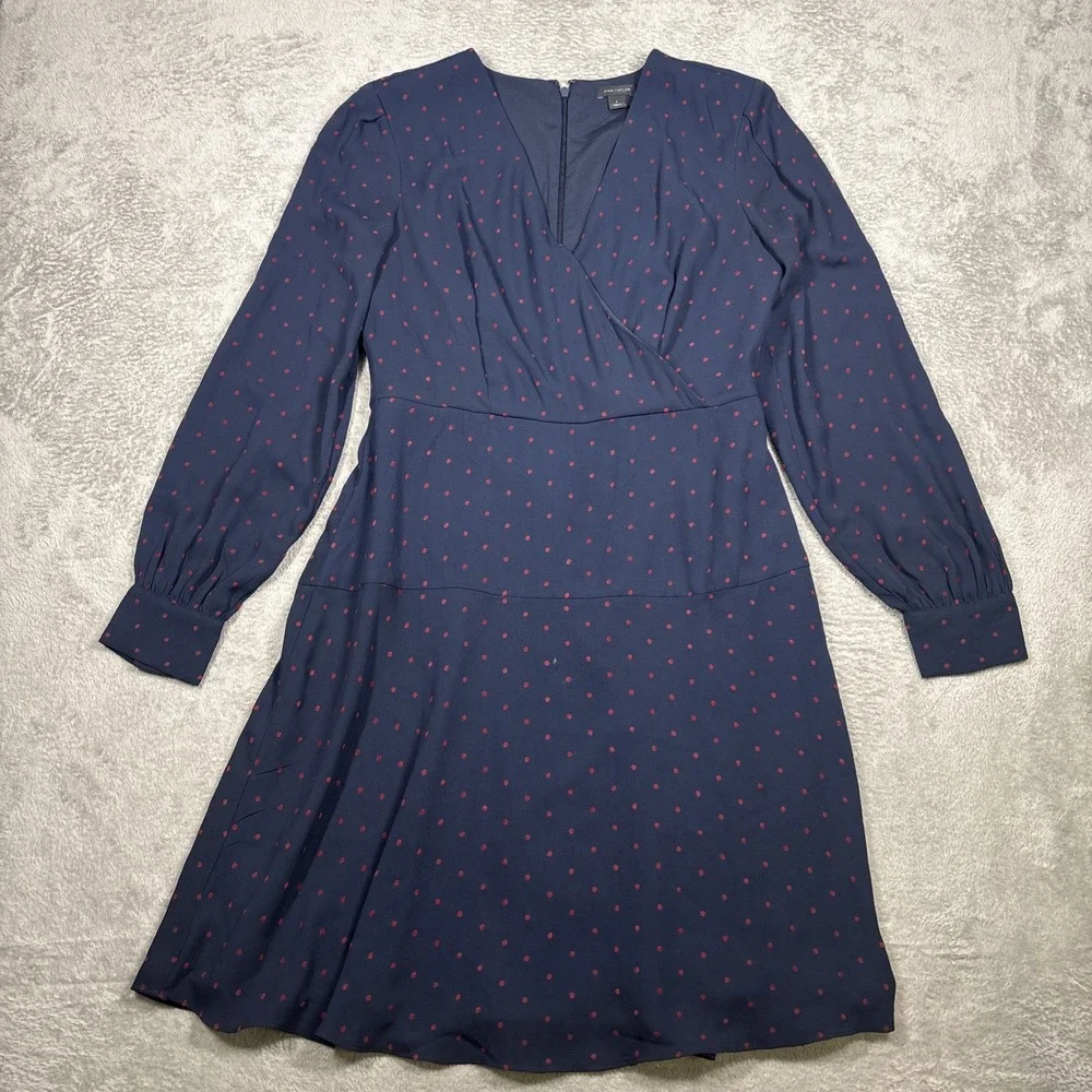Ann Taylor Red Polka Dot Navy Seamed‎ V-neck Fit Flare Dress Size 2