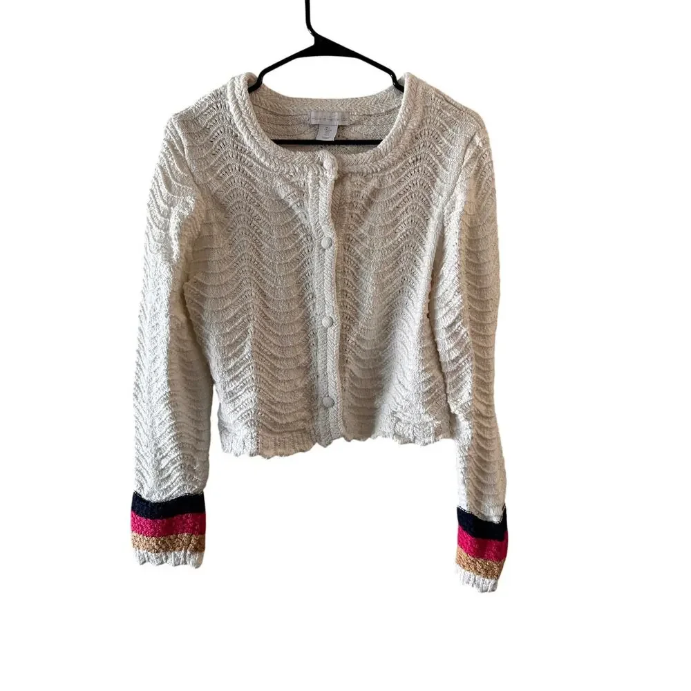 House of Harlow 1960 White Multicolor Trim Button-Down Knit Sweater Women Sz L