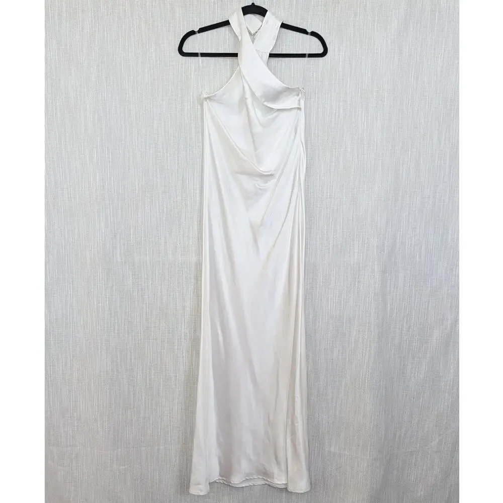 Meshki Laura Halter Satin Gown Maxi Dress S White Sleeveless Long