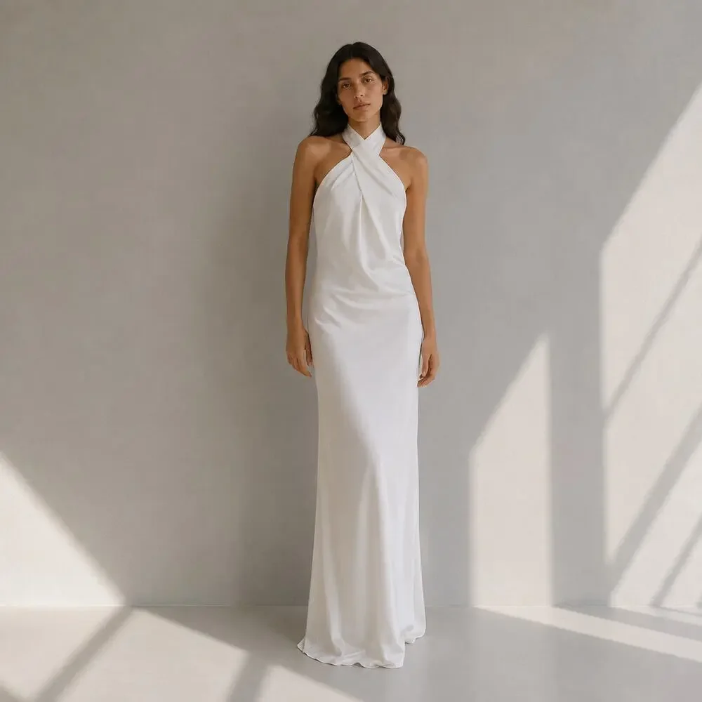 Meshki Laura Halter Satin Gown Maxi Dress S White Sleeveless Long