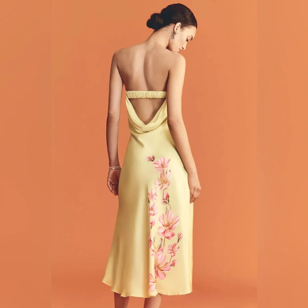FARM Rio Strapless Yellow Floral Midi Dress