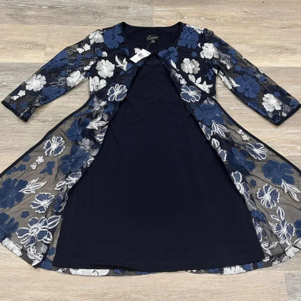 Connected‎ Apparel Navy Blue Floral Embroidered Jacket Dress Set 8P