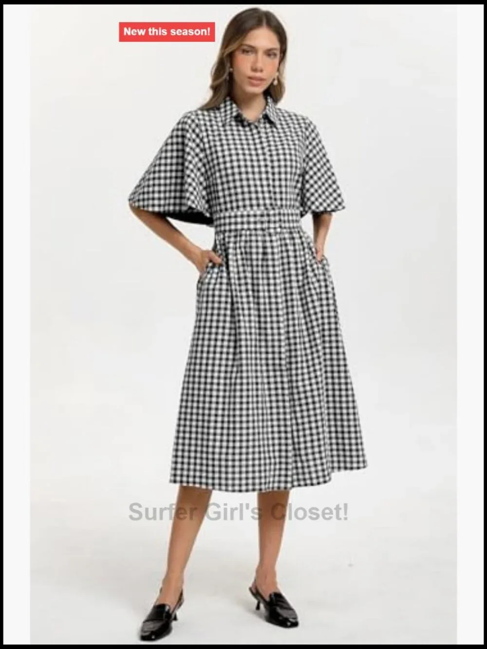 Women's Plaid Shirt Dress Button Down V Neck Cape Sleeves Midi with Belt Pocket