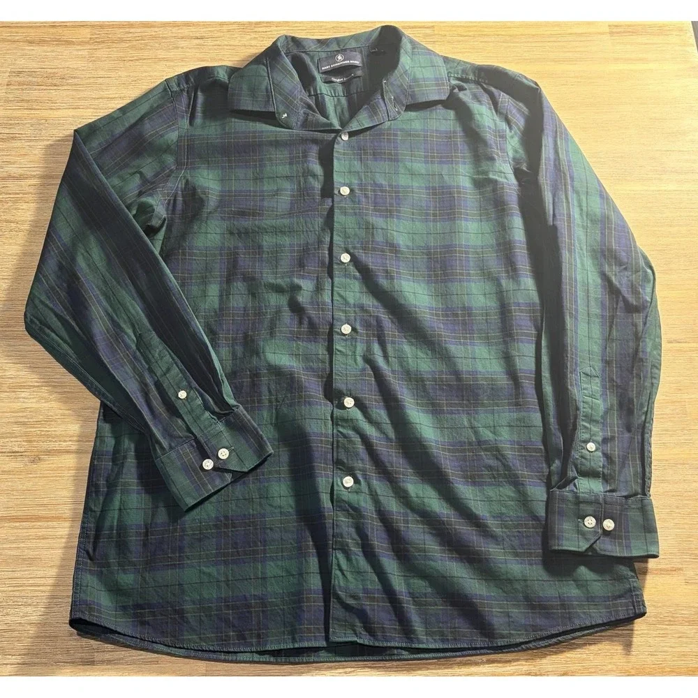 Hart Schaffer Marx Men's Plaid Green & Blue Button Down Long Sleeve Size Large