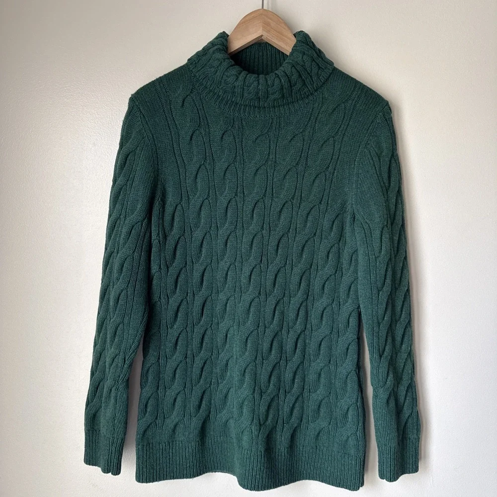 LL‎ Bean Fisherman Sweater Green Cable Knit Wool Thick Women's Size L Chunky