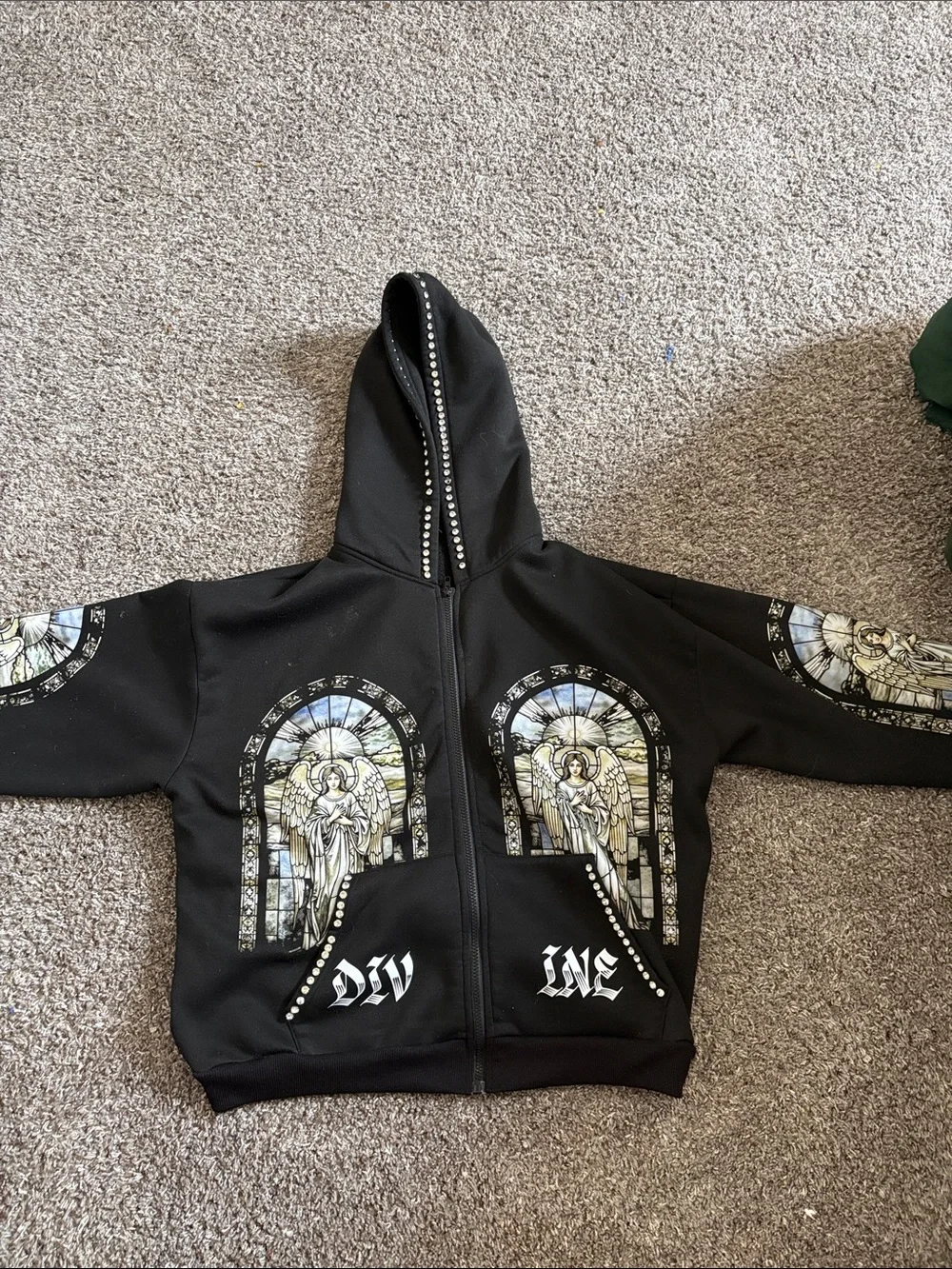 ROMWE Black Studded Zip-Up Hoodie with Crystal Accents