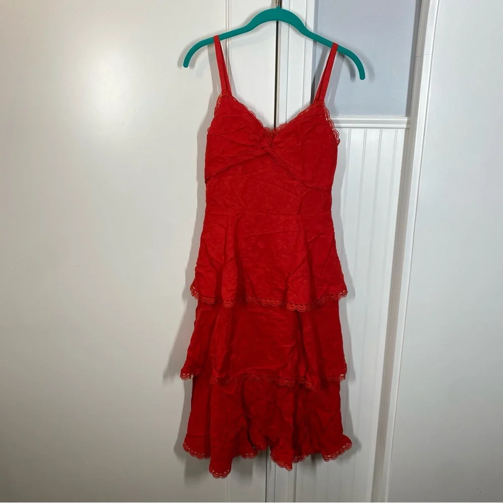 Marchesa Notte Tiered Lace Trim Midi Dress Size 0 Red Glam Holiday Event Wedding