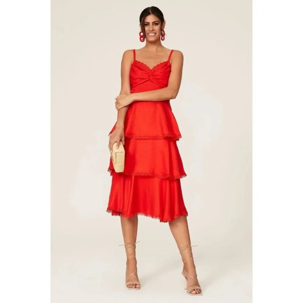 Marchesa Notte Tiered Lace Trim Midi Dress Size 0 Red Glam Holiday Event Wedding