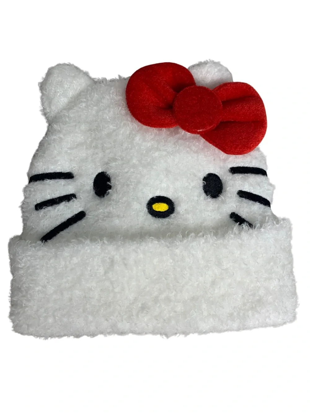 Hello Kitty White Plush Beanie with Red Bow Fall Winter Cozy