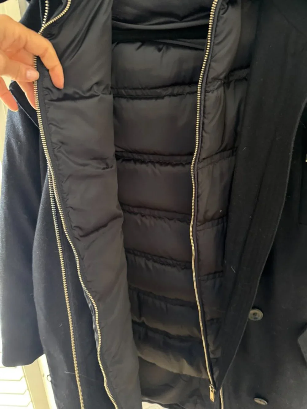 Navy 2:1 Wool Jacket with Removable Puffer Jacket Liner - Size Small